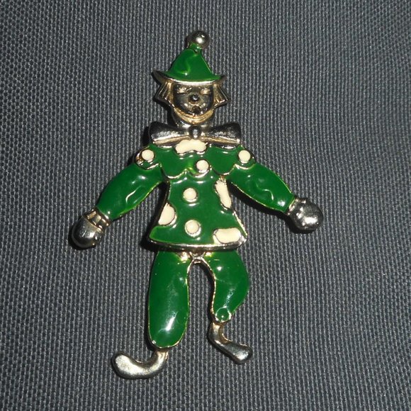 Articulated Clown Pin/Brooch, Green Enamel On Gold-Tone Metal, Dangling Legs - Picture 1 of 4